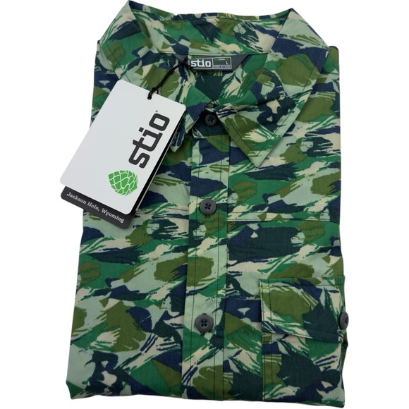 Stio Pine Brush Stroke Camo Lakeside Short Sleeve Button Up Shirt Mens Large NWT - Picture 1 of 8
